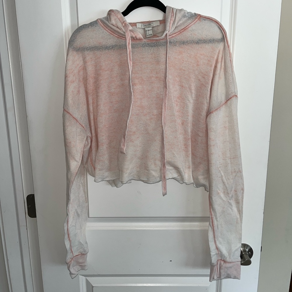 Forever 21 Contemporary Women's Sheer Pink Lightweight Cropped Hoodie Top Size L